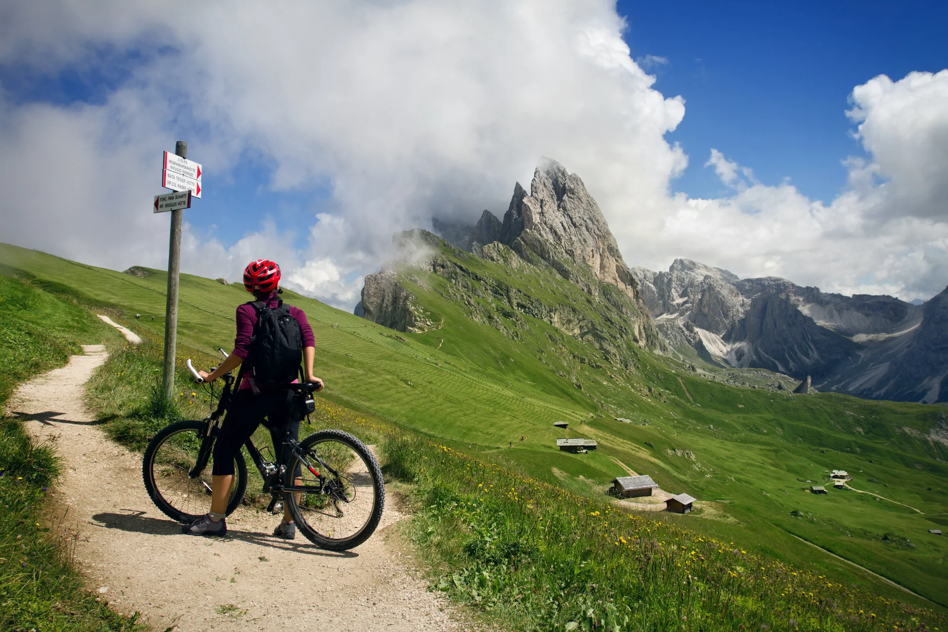 Cyclist looking at the Seceda ridgeline of the Puez-Odle Nature Park.