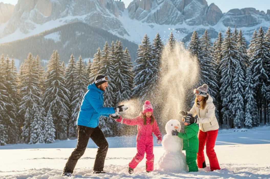 Family playing in the snow - Dolomites ski holiday.