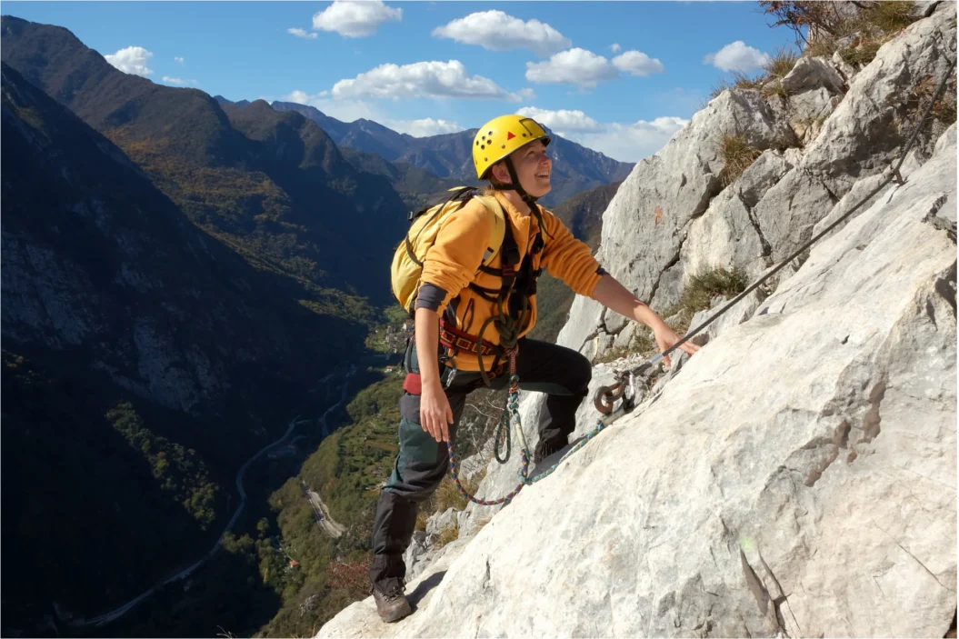 Clipped on and ready to climb a via ferrata.