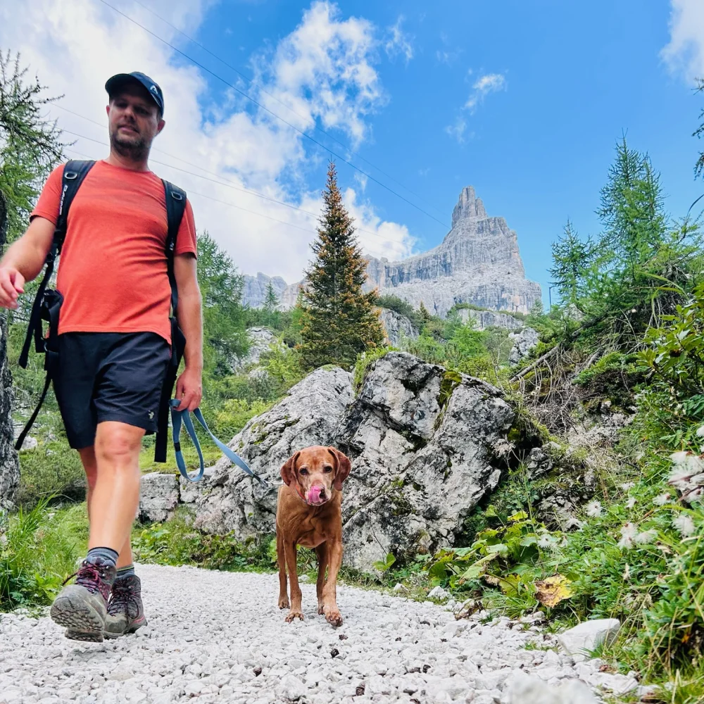 Off for a hike with our dog Cooper.