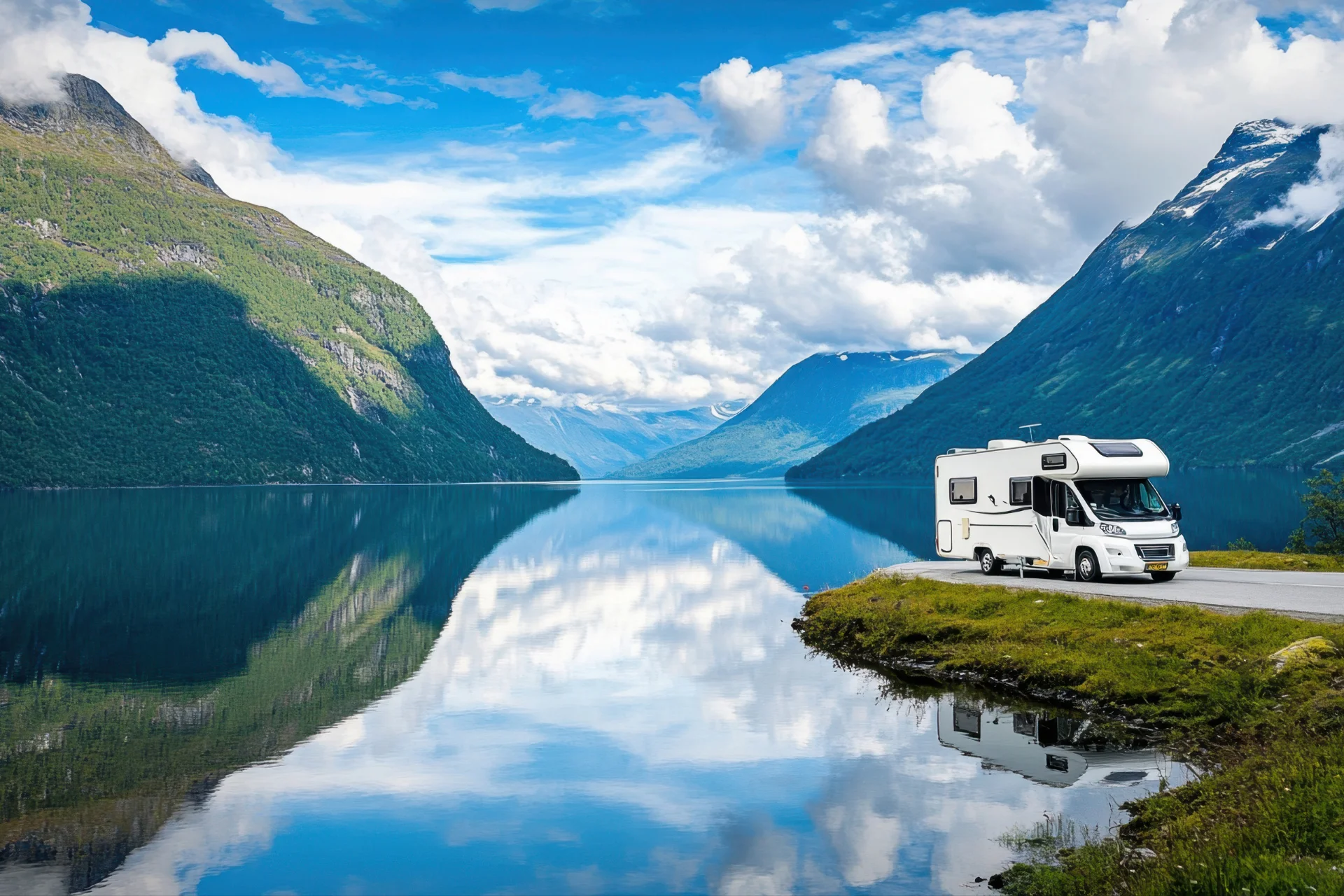 Campervan by a lake in the mountains.