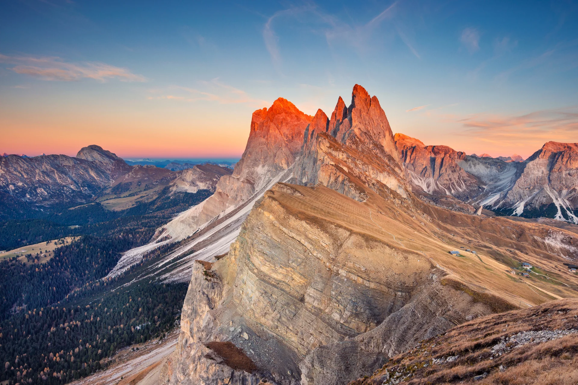 Dolomites autumn sunset at Seceda.