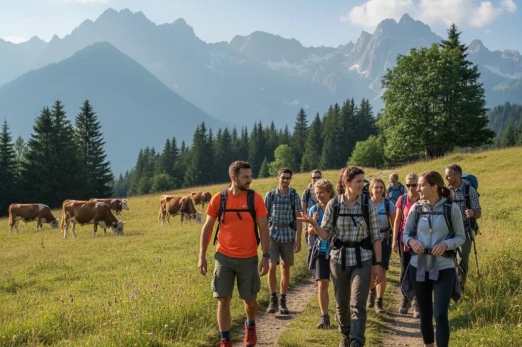 Group of tourists hiking through an alpine meadow.