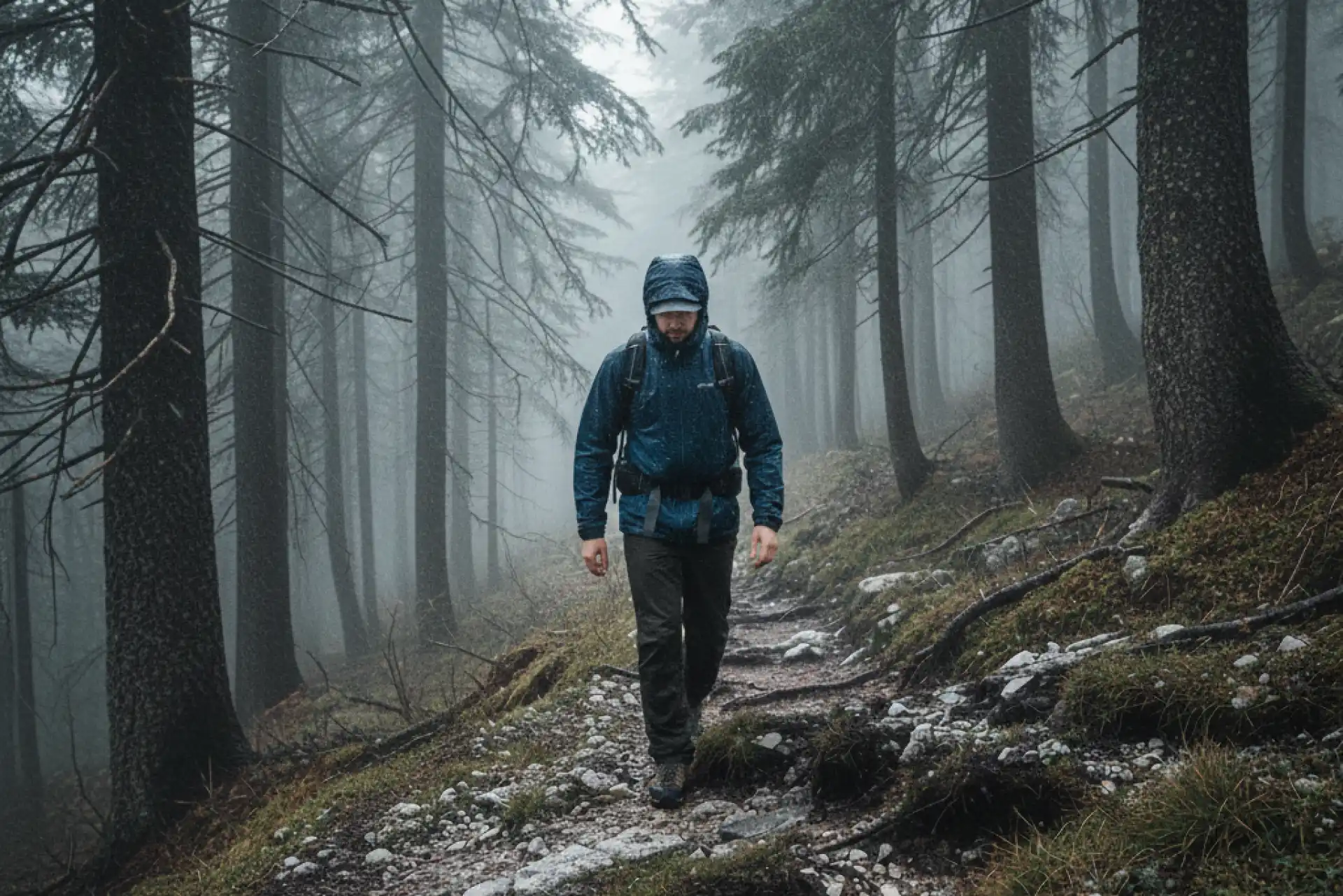 Hiker with weatherproof clothing in the rain.