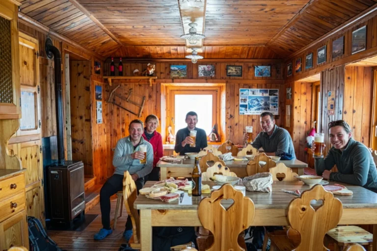 Hikers drinking a beer at a rifugio.