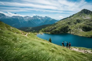 Lago Ritorto Brenta - hikers on the trail admiring the view.