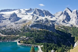 Passo Fedaia above the lake with Marmolada in the backround.