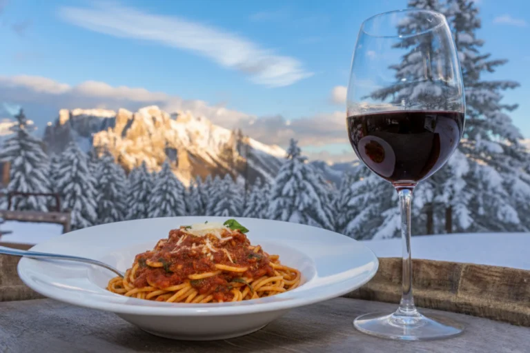 Plate of pasta and glass of wine at a rifugio.