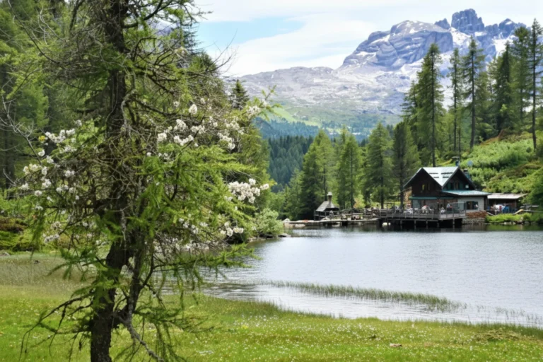 Rifugio Malghette on the lakes edge in the Brenta.