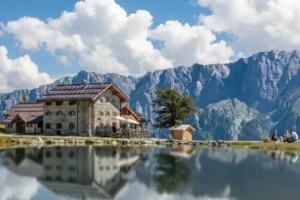 Rifugio Viviani Pradalago with a mirror reflection in the lake.