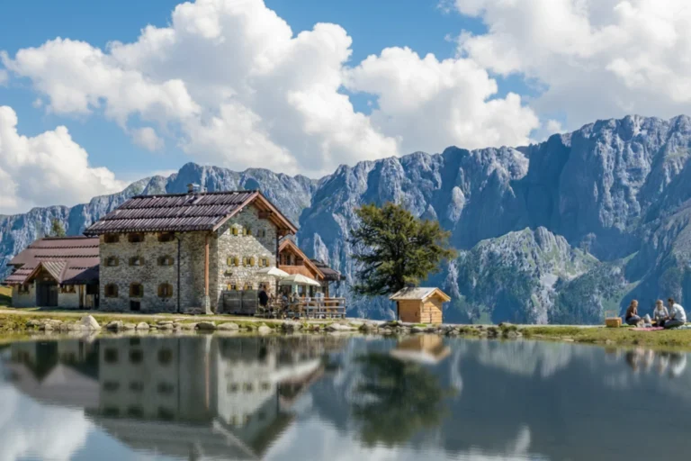 Rifugio Viviani Pradalago with a mirror reflection in the lake.