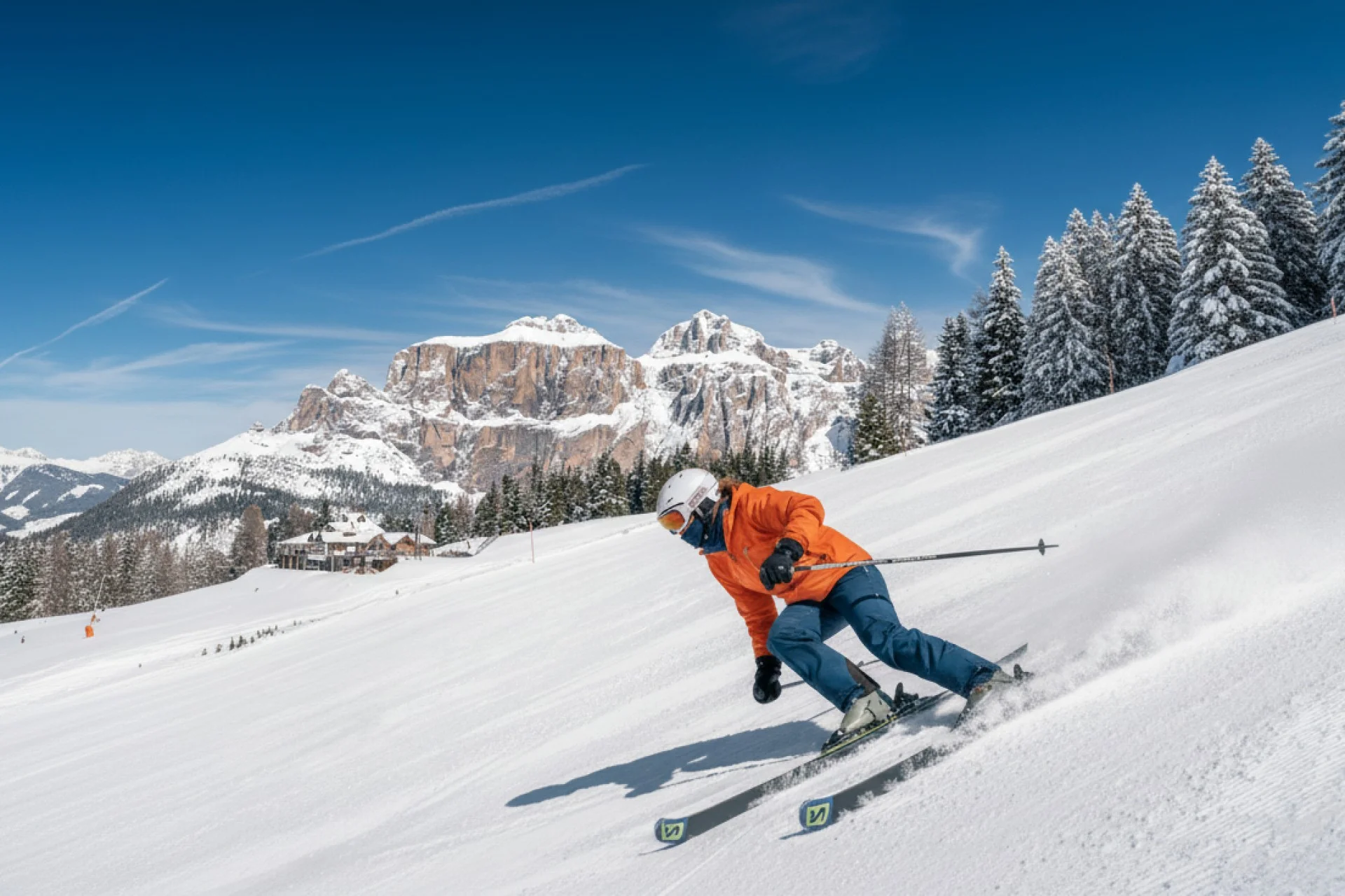 Val di Fassa - female skier on fresh snow.