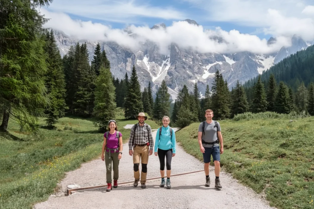 Hikers on the path in Val Venegia.