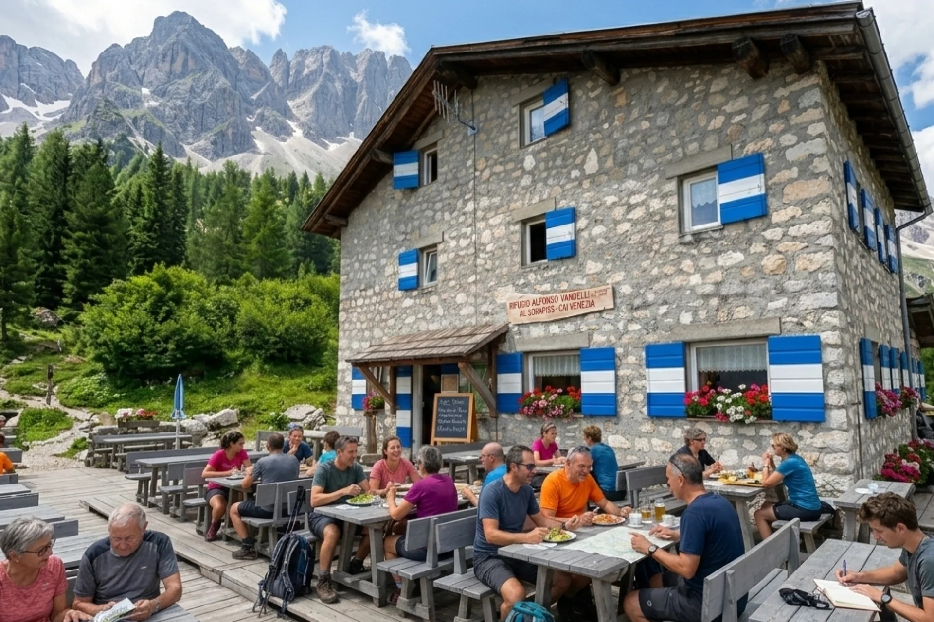 Hikers eating lunch at Rifugio Vandelli at Lago di Sorapis.