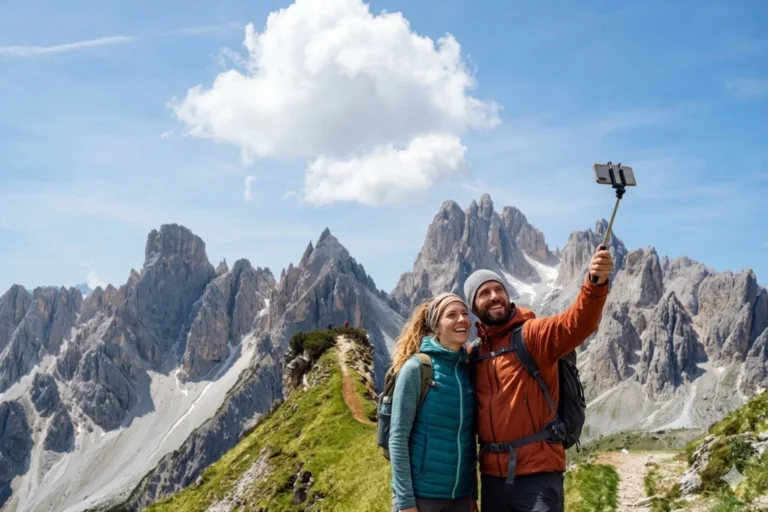 Hikers taking a selfie at Cadini di Misurina lookout.