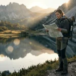 Hiker looking at a map.