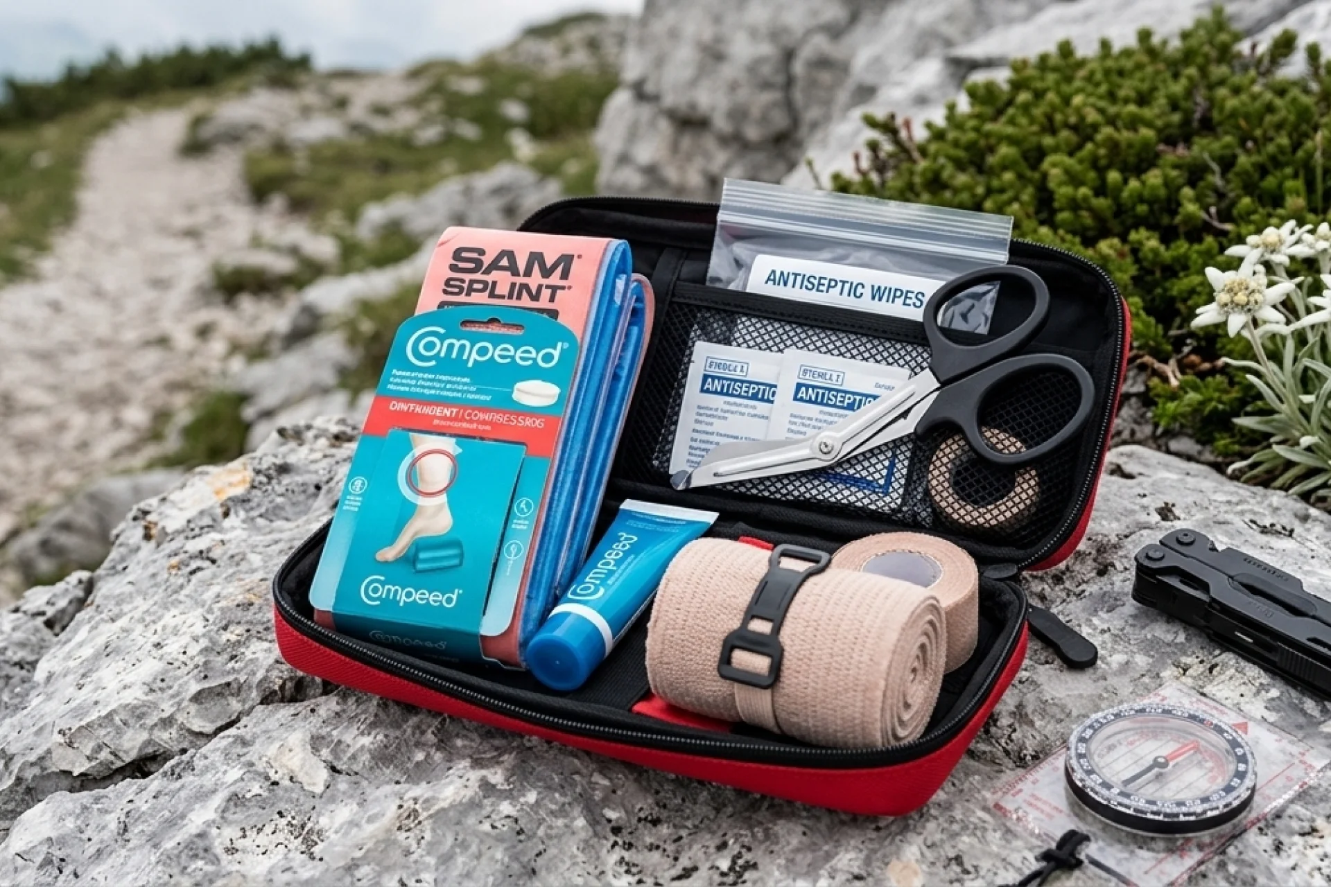 Simple first aid kit for hiking.