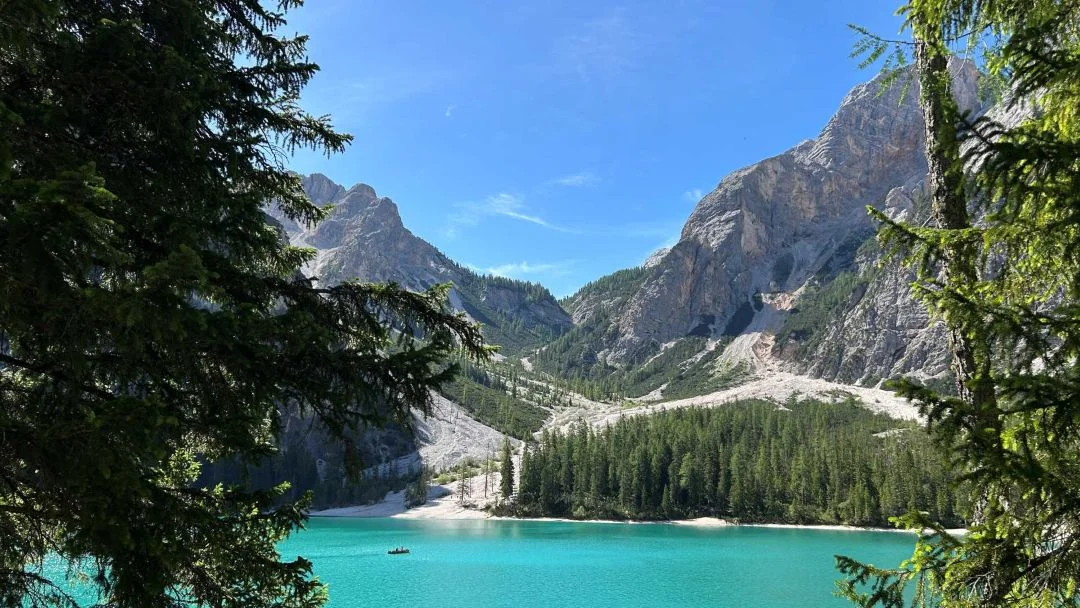 View across Lago di Braies towards the start of the Alta Via 1.