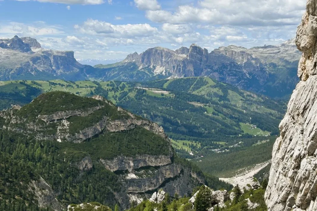 Sweeping views of Piz Boè, San Casiano, the Sella Group and Puez-Odle Group from the Forcella di Lago descent.